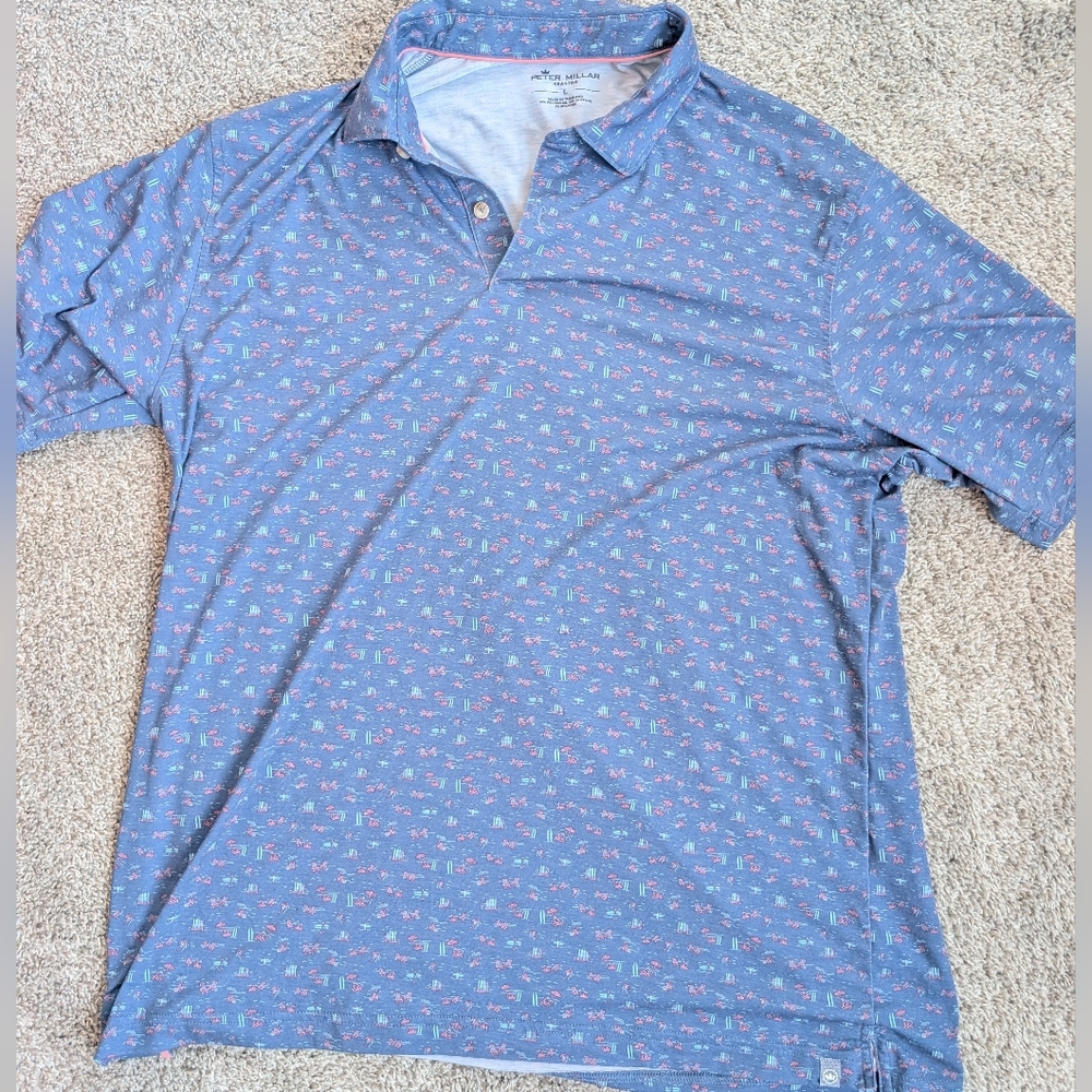 Peter Millar Seaside Polo Shirt Mens Large Blue Print